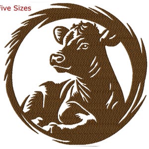 May include: A brown silhouette of a cow's head and body inside a circle with a brown, textured, swirling design around the outside.