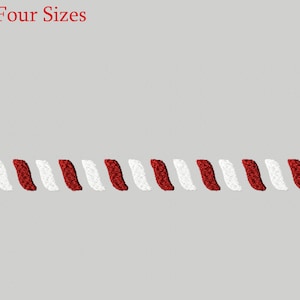 May include: A red and white striped design with the text "Four Sizes" in red at the top.