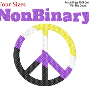 Peut inclure: Texte NonBinaire avec un symbole de paix aux couleurs du drapeau de la fierté non-binaire : jaune, blanc, violet et noir.
