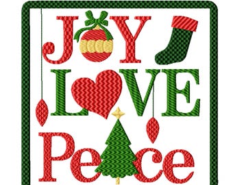 Joy Peace Love Machine Embroidery Design, Eight Sizes Included, Instant Download. Christmas Embroidery Collection.