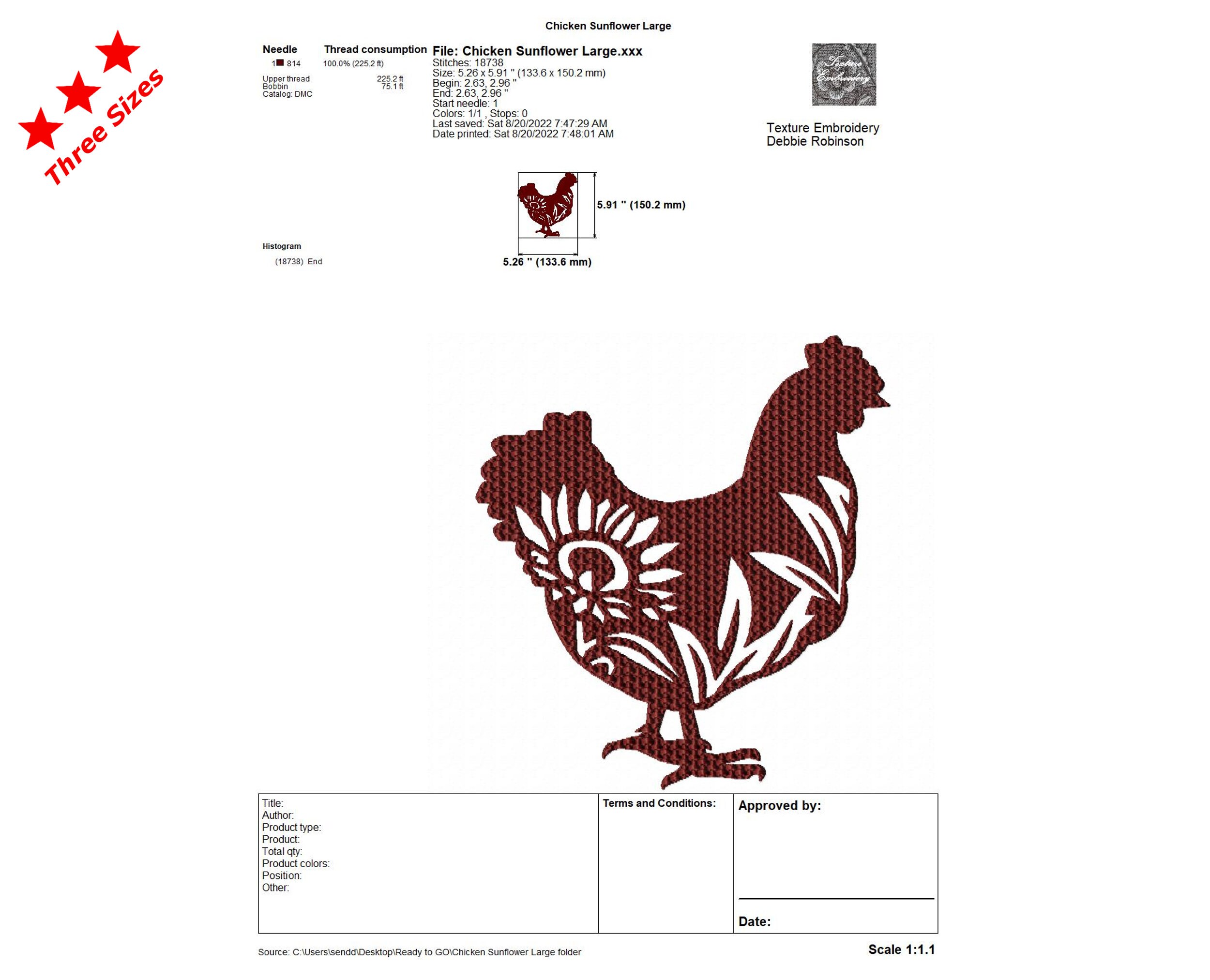 Chicken Sunflower Machine Embroidery Design, Three Sizes Included