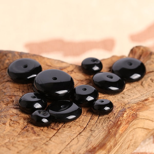 Black Agate Gemstone Beads - Flat Round Beads - Black Rondelle Beads - Abacus Disk - 8mm 10mm 12mm - Jewelry Making Beads