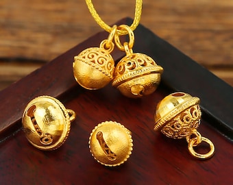 18k Gold Bell Charm - Hollow Flower Unique Designed - Holiday Bells Charms - Necklace Bracelet Charm - 6.5x7.7mm/7.8x8.4mm