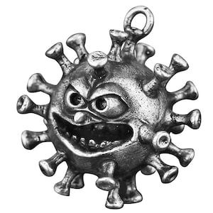 May include: A silver charm in the shape of a cartoon virus with a menacing expression. The charm has a loop at the top for attaching to a necklace or bracelet.