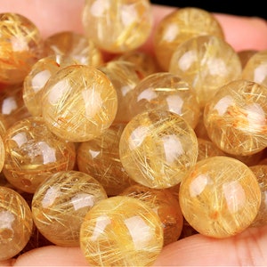 Gold Rutilated Quartz Beads - Round Loose Beads - Gorgeous Natural Golden color with golden hairs - 6mm 7mm 8mm 9mm 10mm 11mm One Beads