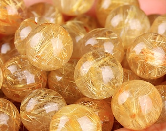 Gold Rutilated Quartz Beads - Round Loose Beads - Gorgeous Natural Golden color with golden hairs - 6mm 7mm 8mm 9mm 10mm 11mm One Beads