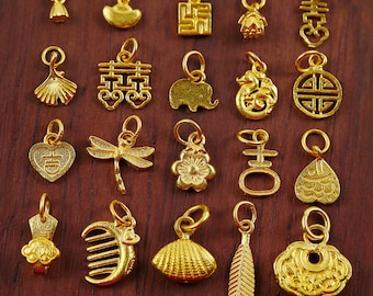 999 Pure Gold Lucky Pendant - Handmade Ancient Gold Lotus Charms - 24K Gold Animals Pendant for Jewelry Making - Good Luck Elephant Charms