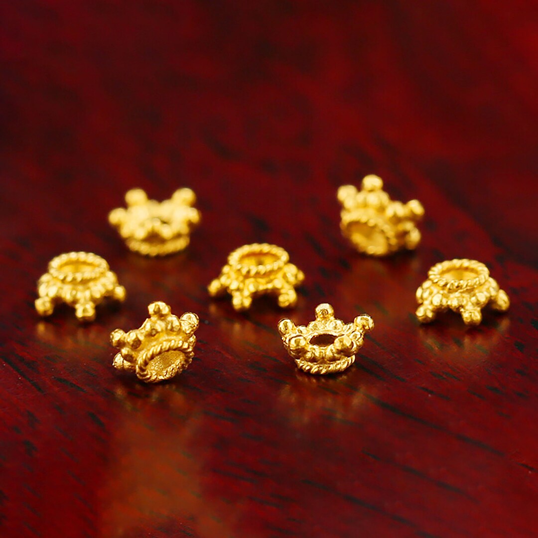 18K Gold Beads Cap Handmade Crown Spaecr Beads Loose End Bead Caps