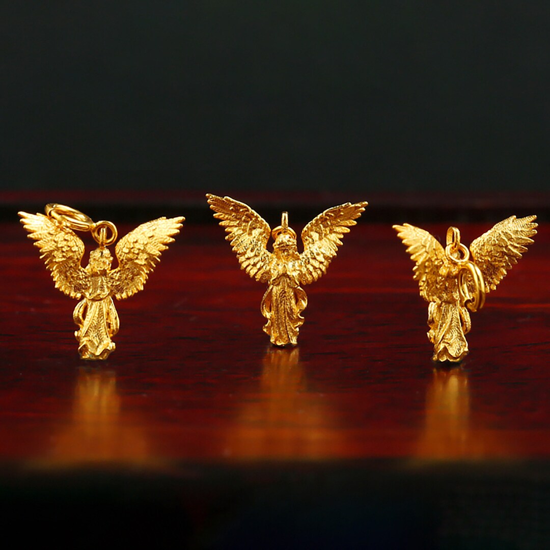 18K Gold Guardian Angel Pendant 14.4x12.8mm Gold Angel Baby Charm Real