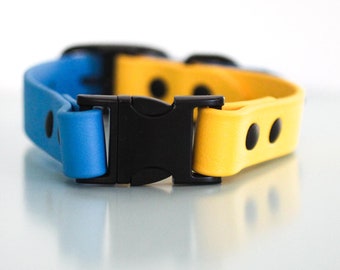1" Biothane Dual Buckle Collar in Sunflower + Blue Beach