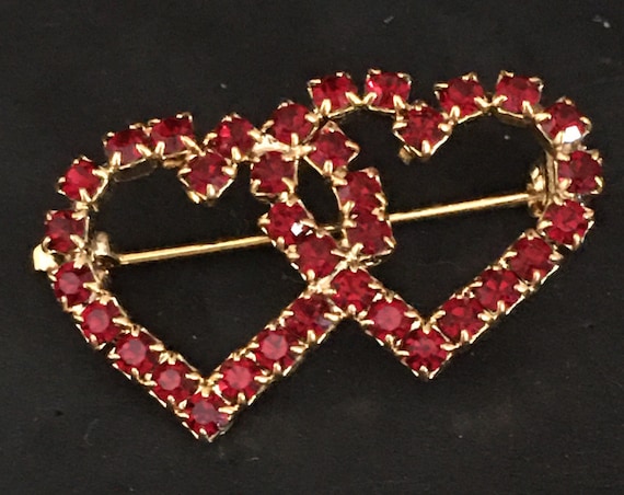 Vintage Red Rhinestone Double Heart Valentine Bro… - image 1