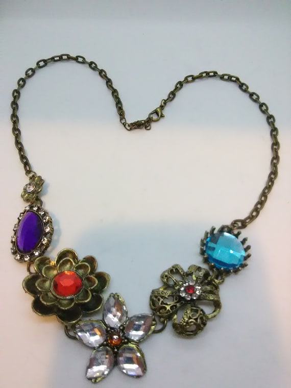 Vintage Colorful Floral Motif Statement Necklace