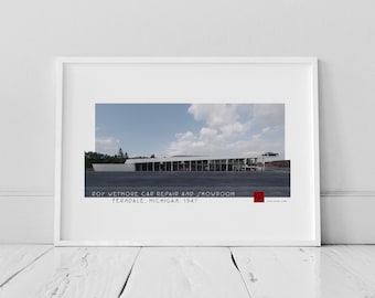 May include: A black and white photograph of a car repair shop with the text "ROY WETMORE CAR REPAIR AND SHOWROOM FERNDALE, MICHIGAN, 1947" printed below the image.