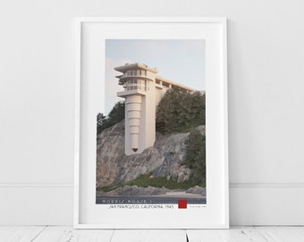 May include: A black and white photograph of the Morris House I, a modern architectural design built in 1945 in San Francisco, California. The house is perched on a cliffside and features a tower with multiple levels.