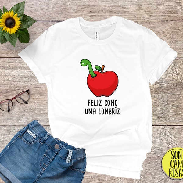 Feliz Como Una Lombríz Schattig Spaans shirt , Camiseta Espanol , Speel op woorden Cartoon in het Spaans , Funny Puns Unisex T-shirt