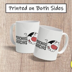 Moochas Gracias Coffee Mug, Cute Spanish Mug, Funny Cartoon Puns Mug, Taza de Café
