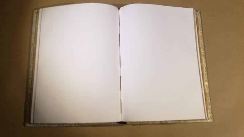Op de afbeelding: Een open boek met blanco witte pagina's. Het boek heeft een goudkleurige rand op de kaft en randen. Het boek ligt open op een bruin oppervlak, klaar om te schrijven of te tekenen.