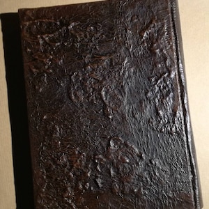 Puede incluir: Un diario de cuero marr&oacute;n oscuro con una cubierta texturizada.