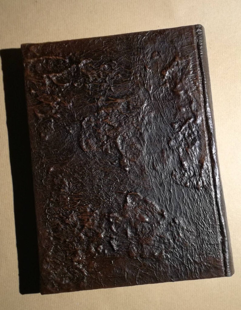 Puede incluir: Un diario de cuero marr&oacute;n oscuro con una cubierta texturizada.