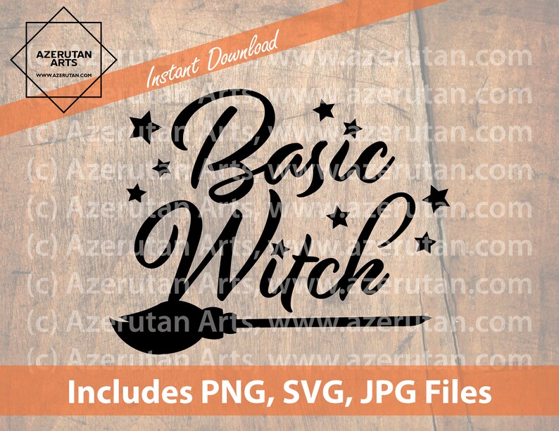 K&ouml;nnte beinhalten: Schwarzwei&szlig;es Grafikdesign mit dem Text "Basic Witch" in kursiver Schrift. Die Grafik enth&auml;lt einen Besen und Sterne. Der Text "Includes PNG, SVG, JPG Files" befindet sich am unteren Rand des Bildes.