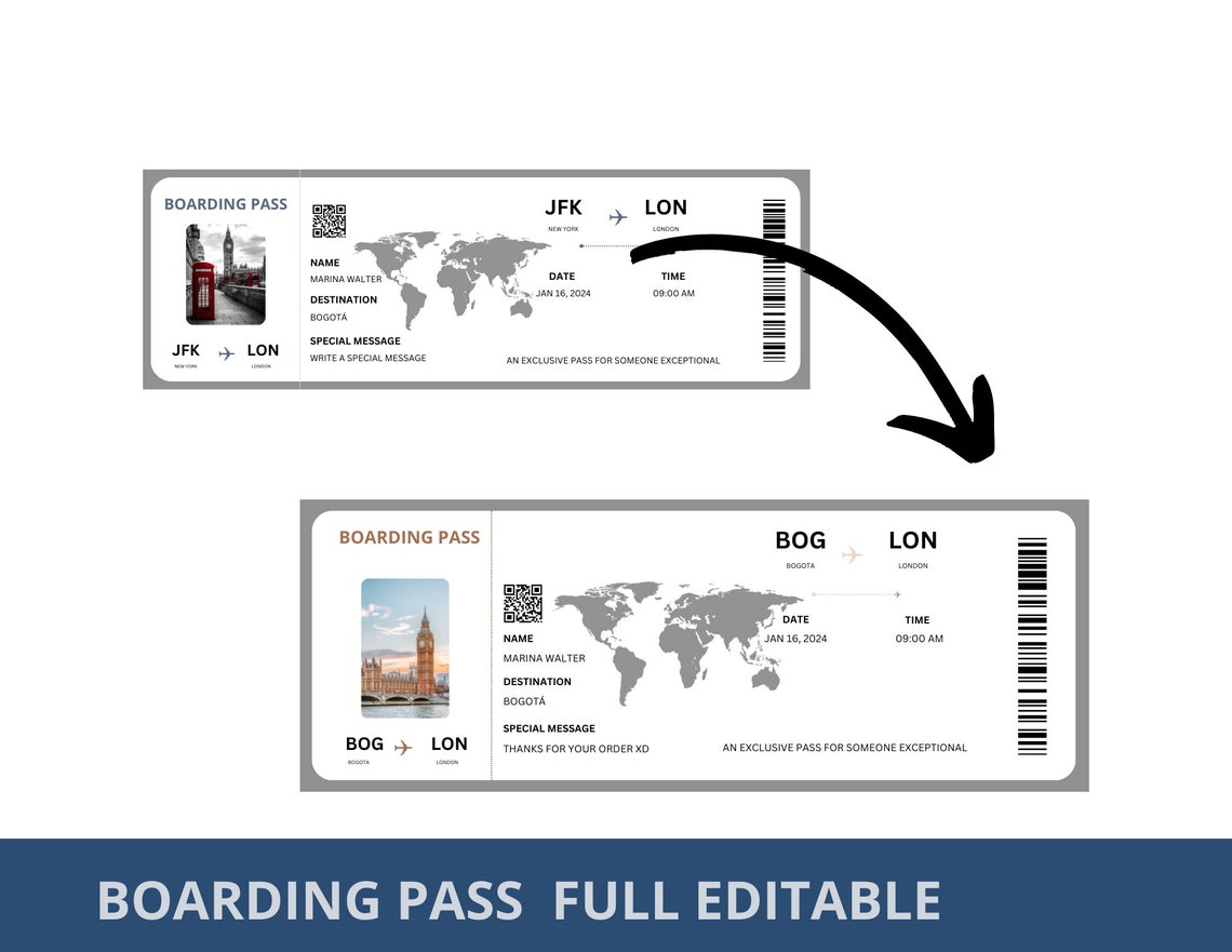 Editable Boarding Pass Template, Airline Ticket Canva, Printable