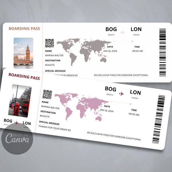 Plantilla de tarjeta de embarque editable, Canva de boleto de avión, boletos de avión imprimibles, plantilla Canva de tarjeta de embarque personalizada, tarjeta de embarque