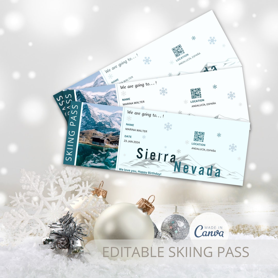 Editable Skiing Trip Surprise Ticket Snow Ski, Skis, Skiing Gift ...