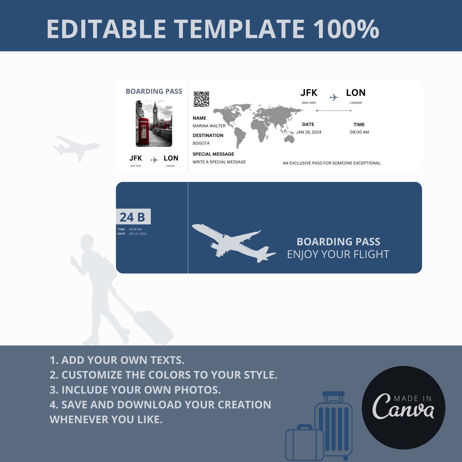 Editable Boarding Pass Template, Airline Ticket Canva, Printable