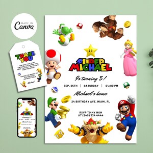 Convite de aniversário do Super Mario, Convite de aniversário, Convite do Super Mario, Convite do Mario para impressão editável, Modelo de aniversário Canva