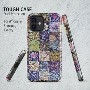 May include: A phone case with a patchwork floral design in multiple colours. The case is designed for iPhones and Samsung Galaxy phones. The text "TOUGH CASE" and "Dual Protection" are visible. The case offers dual protection.