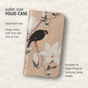 Funda para teléfono tipo folio: pájaro miná y magnolia. Ilustración china vintage en madera. Estilo billetera. Apple iPhone. Samsung Galaxy.