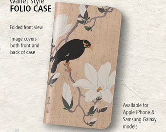 Folio Phone Case - Mynah bird & Magnolia - Vintage Chinese Woodblock Illustration - Wallet style - Apple iPhone - Samsung Galaxy