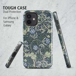 May include: A tough case for iPhone and Samsung Galaxy phones. The case has a floral pattern with blue, green, and yellow colors. The case is shown from three different angles.
