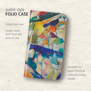 May include: A wallet-style folio case with a colourful abstract painting on the front. The case is folded to show the front view. The text "wallet style FOLIO CASE" is at the top of the image. The text "Folded front view" is below the case. The text "Image covers both front and back of case" is below the text "Folded front view". The text "Available for Apple iPhone & Samsung Galaxy models" is at the bottom right of the image.