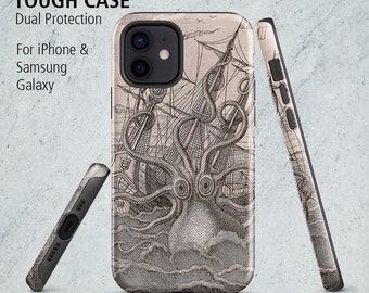 May include: A black phone case with a vintage illustration of a ship being attacked by a giant octopus. The case has the text "TOUGH CASE Dual Protection For iPhone & Samsung Galaxy".
