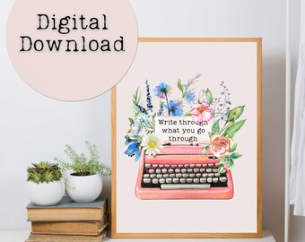 Watercolor Typewriter With Flowers | Digital Wall Art Download