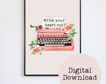 Pink Watercolor Typewriter With Flowers Printable Wall Art | Digital Download