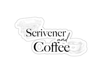 May include: Black and white illustration of a typewriter and a cup of coffee with the text "Scrivener and Coffee".