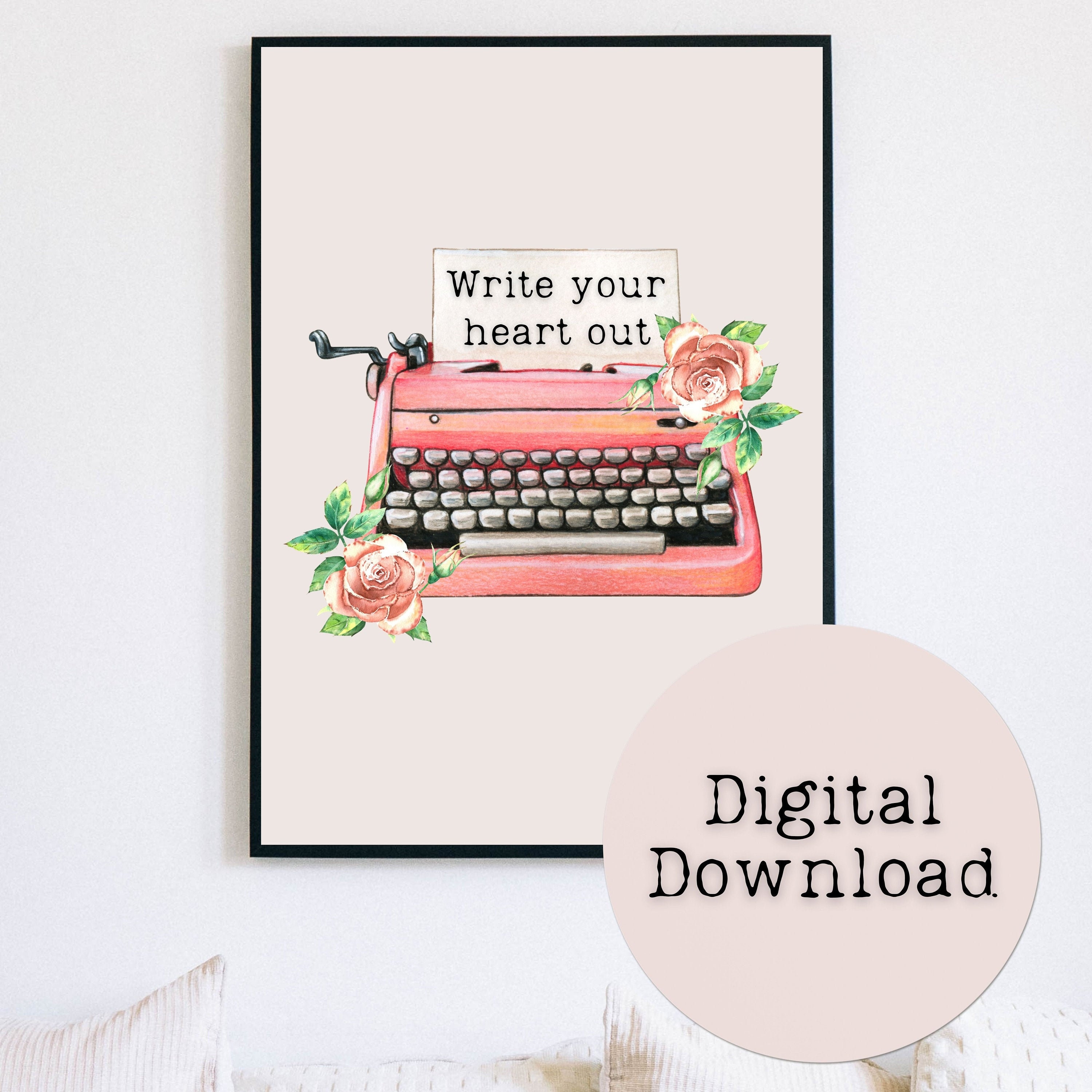 Pink Watercolor Typewriter With Flowers Printable Wall Art Etsy