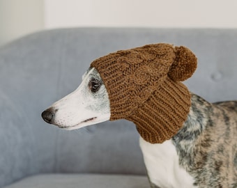 Greyhound snood beanie hat Wool Whippet ear warmer Hand knit Big dog pom pom hats