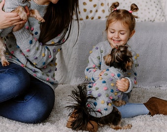 Matching Merino Wool Popcorn Sweater Set for Little Girl and Dog - Cozy and Adorable