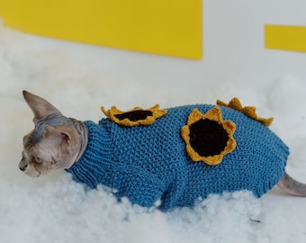 Hand-Knit Wool and Alpaca Cat Sweater - Cozy Blue with Knitted Sunflowers