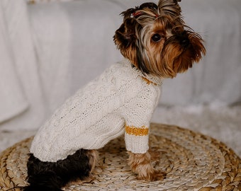 Natural alpaca wool hand knit sweater for small dog Yorkshire terrier ribbed hem wool sweater Cat pullover Pet clothing