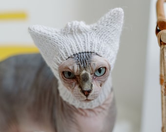 Könnte beinhalten: Eine haarlose Katze trägt eine weiße Strickmütze mit Katzenohren. Die Katze steht auf einer weißen Oberfläche und schaut direkt in die Kamera.