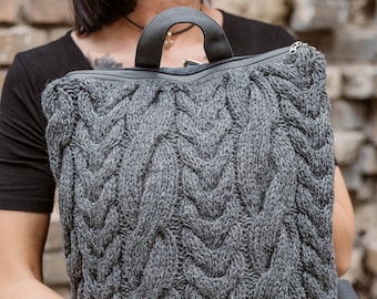 Hand knit backpack - Winter bag Wool Cable knit handbag with Adjustable straps