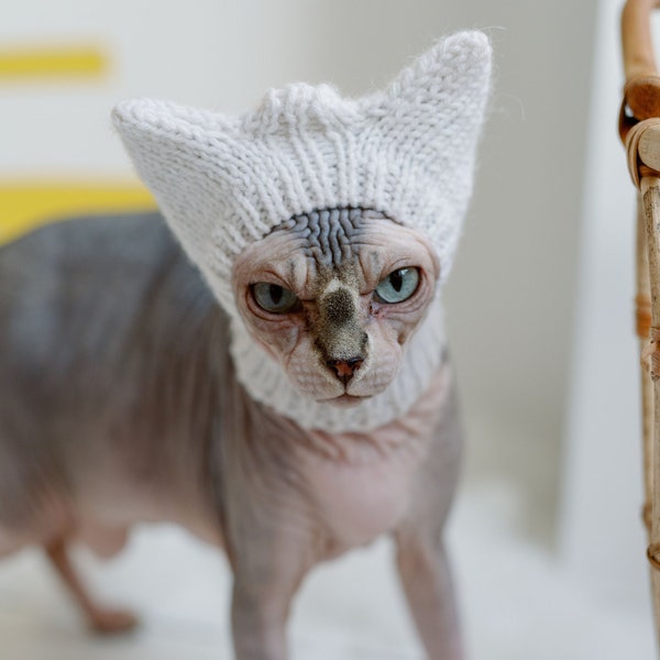 White Cat hat Sphynx cat accessories Pet beanie Hand knit hat for hairless cats Crochet winte hat