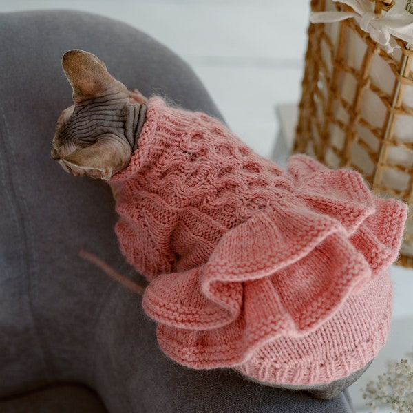 Pink girl cat dress Sphynx cat clothes Hand knit layered dress for hairless cat