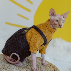 Sphynx cat jumpsuit Alpaca wool sweater for cat Devon rex overall Pet clothes Cat costume with suspenders