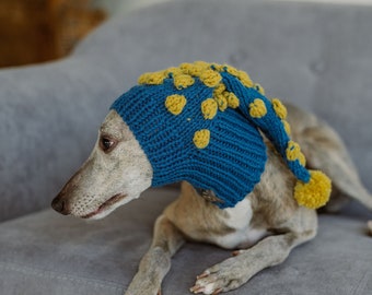 Whippet hat Pom pom beanie for large dog snood Blue Hand knit Scarf Italian greyhound hats