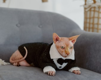 Cat Tuxedo With Bow Tie Sphynx Cat Dress Suit Hand Knit Clothes
